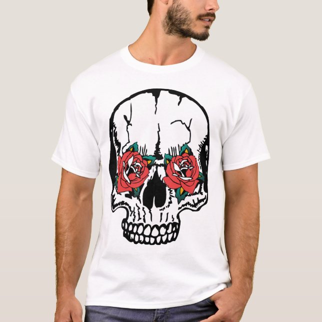 T-shirt tete de mort fleur rose yeux oeil crane old school (Devant)
