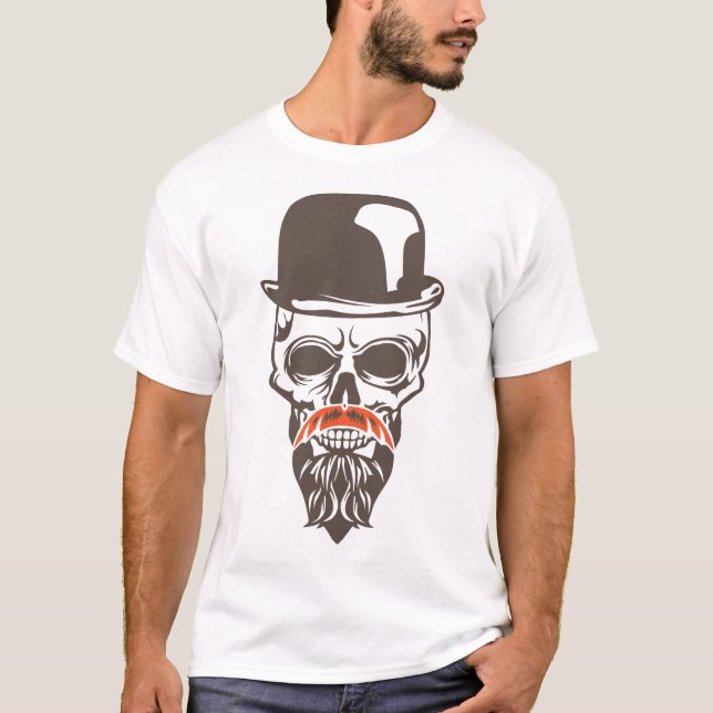 T-shirt tete de mort hipster barbe moustache melon chapeau (Devant)
