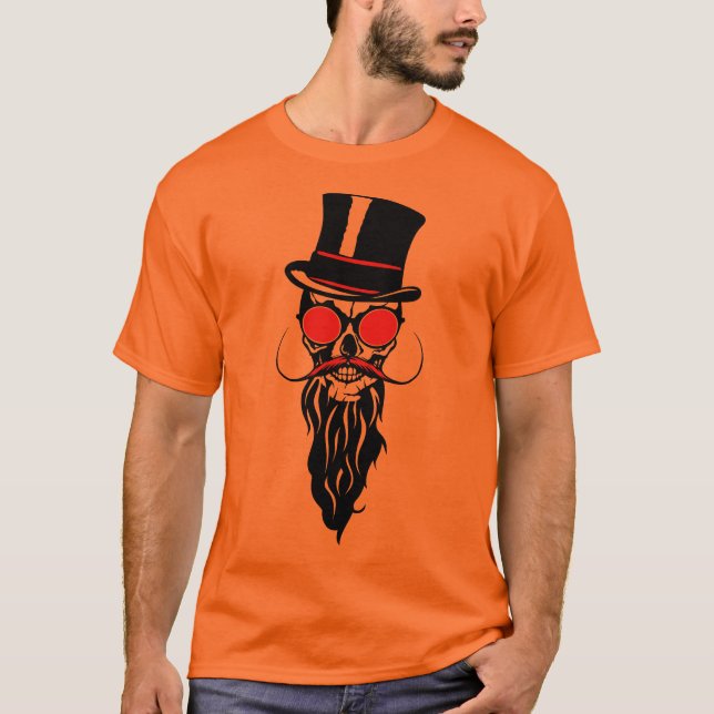 T-shirt tete de mort hipster barbu barbe moustache chapeau (Devant)