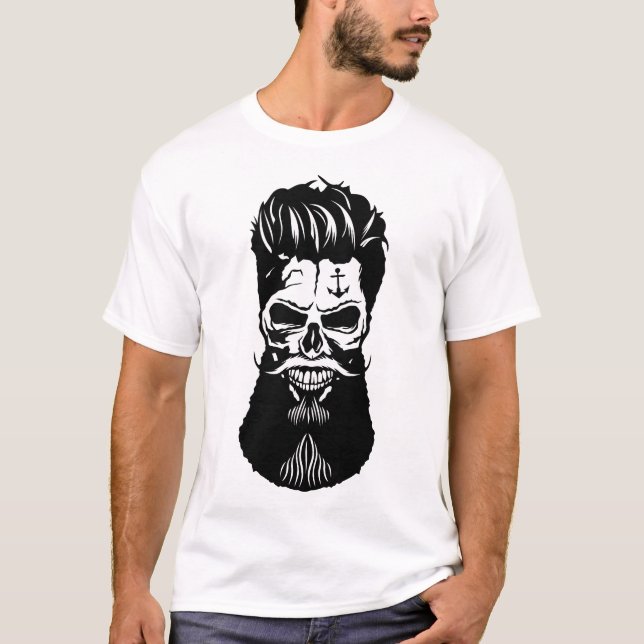 T-shirt tete de mort hipster barbu moustache barbe coiffur (Devant)