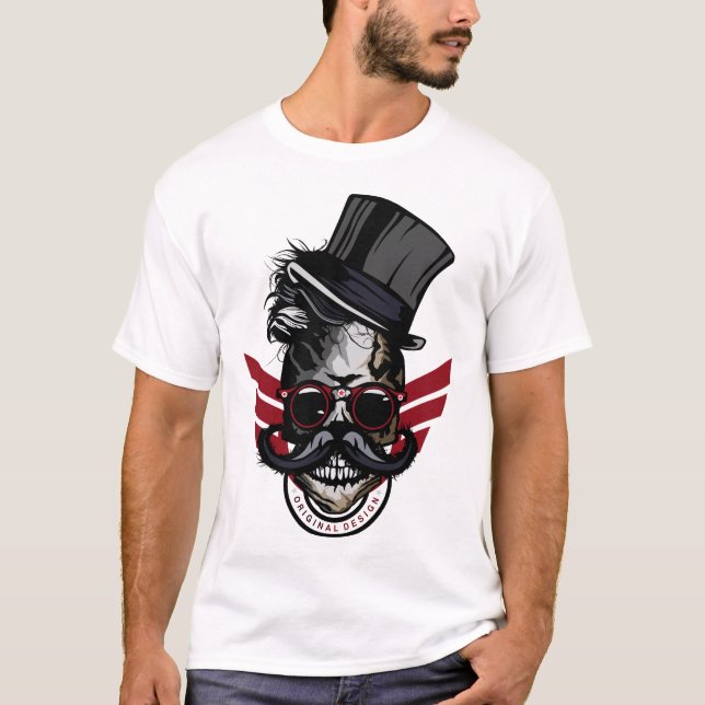 T-shirt tete de mort hipster crane skull design moustache  (Devant)