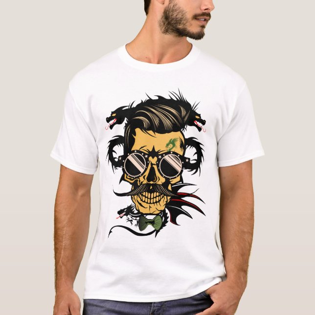 T-shirt tete de mort hipster dragon tribal crane moustache (Devant)