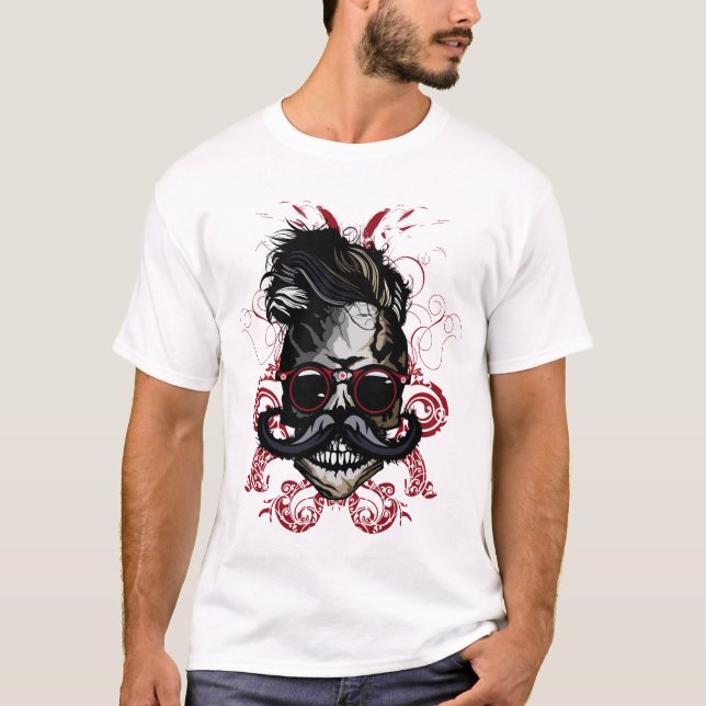 T-shirt tete de mort hipster fioriture crane skull moustac (Devant)