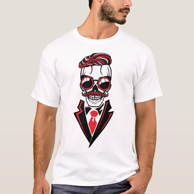 T-shirt tete de mort hipster moustache costume cravate coi (Devant)