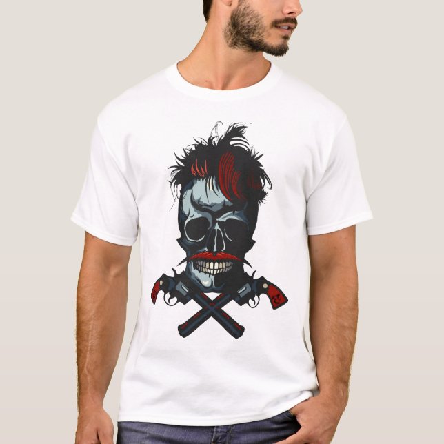 T-shirt tete de mort hipster moustache revolver pistolet f (Devant)
