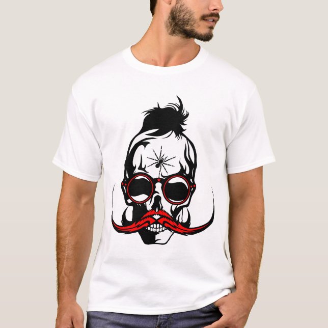 T-shirt tete de mort hipster moustache skull araigne crane (Devant)