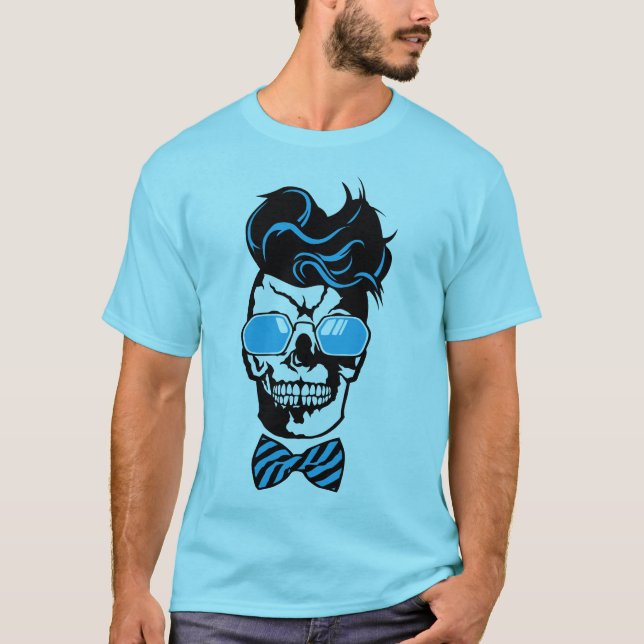 T-shirt tete de mort hipster noeud papillon lunette coiffu (Devant)