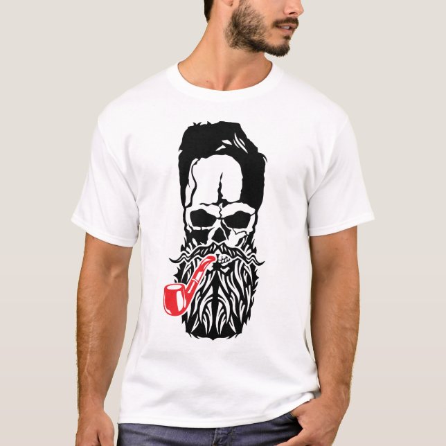 T-shirt tete de mort hipster pipe barbe moustache  (Devant)