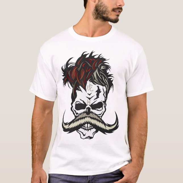 T-shirt tete de mort hipster poisson moustache signe tigre (Devant)