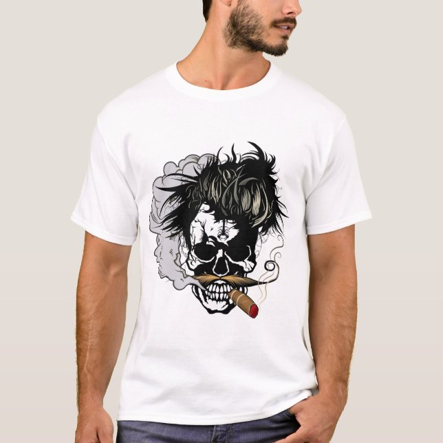 T-shirt tete de mort hipster skull crane cigare fume moust (Devant)