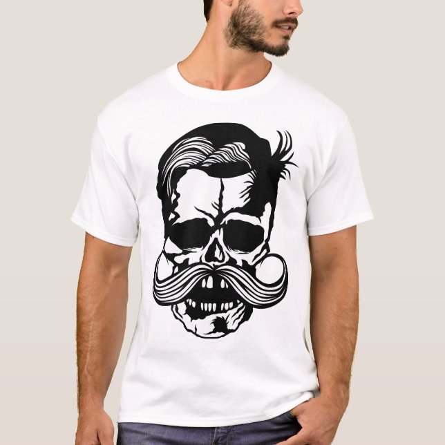 T-shirt tete de mort hipster skull crane moustache moustac (Devant)