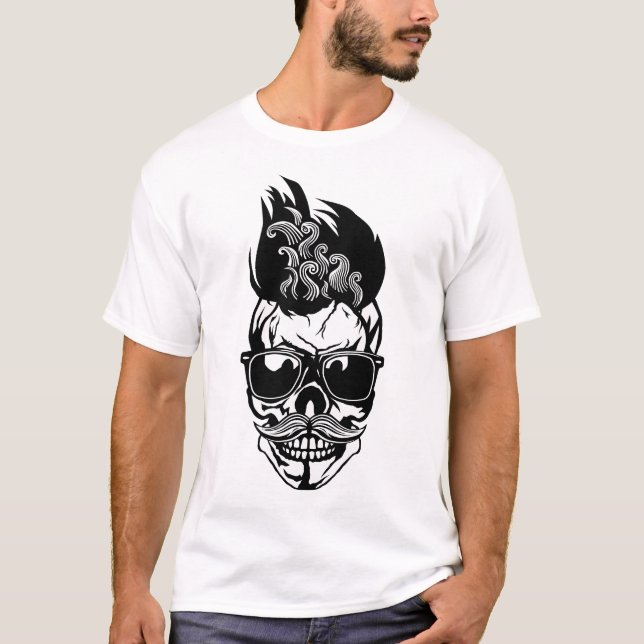 T-shirt tete de mort hipster skull crane moustache moustac (Devant)