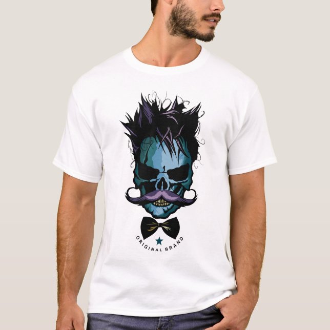 T-shirt tete de mort hipster skull moustache crane coiffur (Devant)