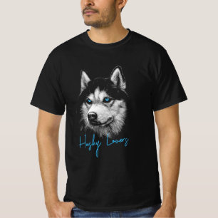 T-shirt Tête de portrait Husky Sibérien Avec Yeux Bleus
