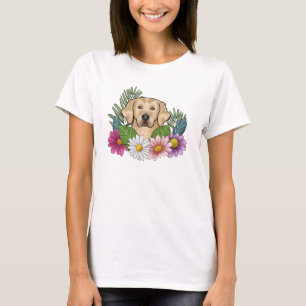 T-shirt Tête de Retriever doré jaune avec des fleurs color