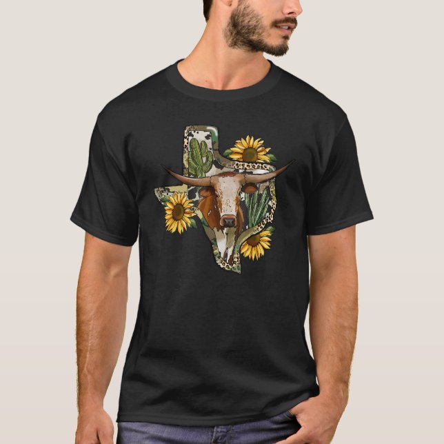 T-shirt Texas Map Leopard Sunflower Western Texas Cow Long (Devant)