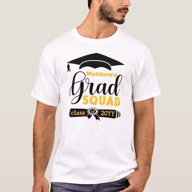 T-shirt Texte noir et jaune Personnalisé Mens Blanc Grad S (Devant)