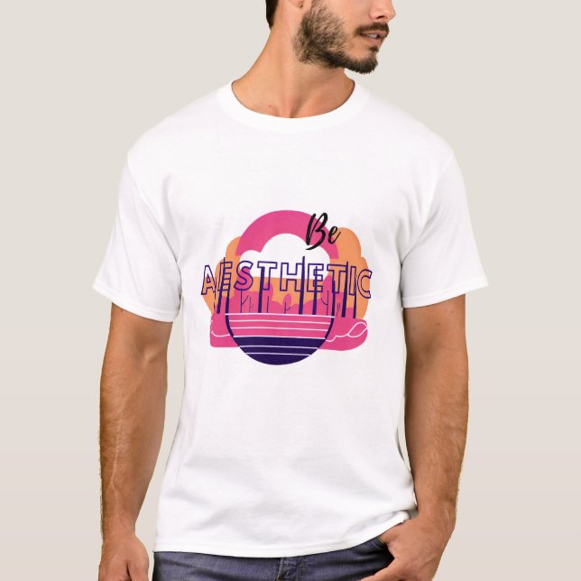 T-shirt Texte "Soyez esthétique" avec un coucher de soleil (Devant)