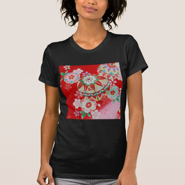 T-shirt Textile japonais de KIMONO, motif floral (Devant)