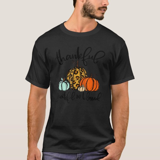 T-shirt Thankful Grateful Blessed Leopard Pumpkins Thanksg (Devant)