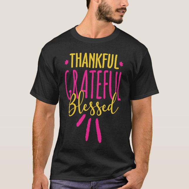 T-shirt Thankful Grateful Blessed Pink and Gold Graphic Ch (Devant)
