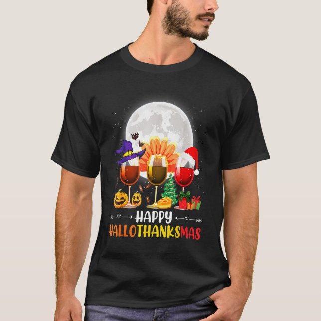 T-shirt Thankgiving Halloween Wine Glass Happy Hallothanks (Devant)