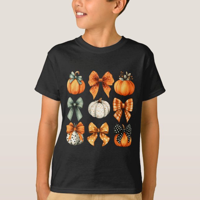 T-shirt Thanksgiving Autumn Fall Leaves Coquette Bow Pumpk (Devant)