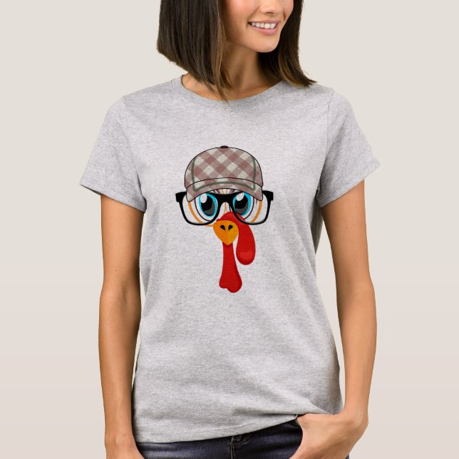 T-shirt Thanksgiving Cartoon Little Turkey Face Tartan (Devant)
