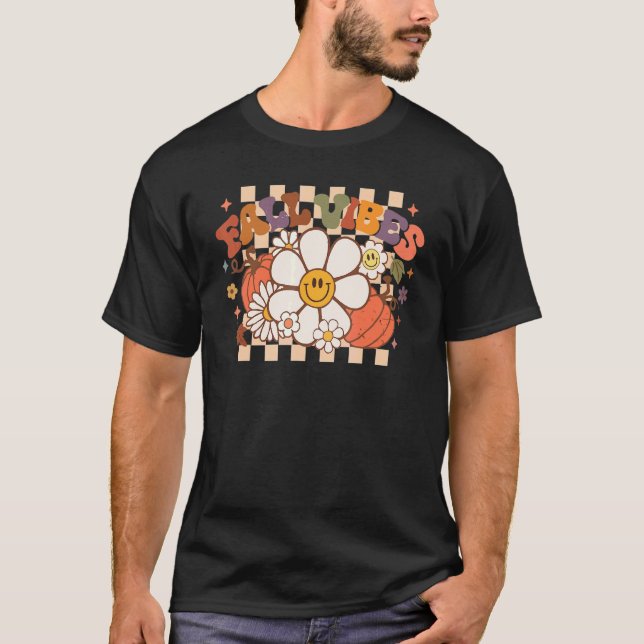 T-shirt Thanksgiving Fall Vibes Retro Groovy Flower Pumpki (Devant)