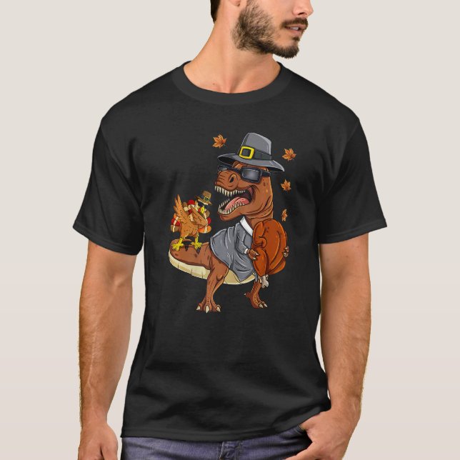 T-shirt Thanksgiving Rex Dabbing Turkey Pilgrim Boys Kids  (Devant)