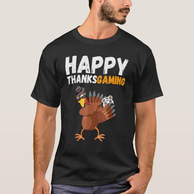 T-shirt Thanksgiving Video Game Dabbing Turkey Pilgrim Boy (Devant)