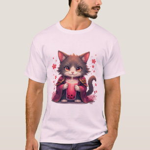 T-shirt Thé à bulles de chat samouraï sakura Anime japonai