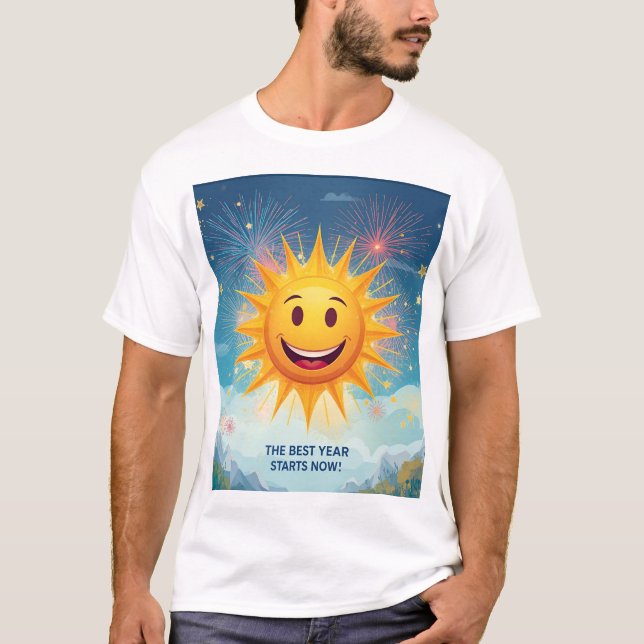 T-shirt The Best Year Starts Now! Smiling Sun & Fireworks  (Devant)