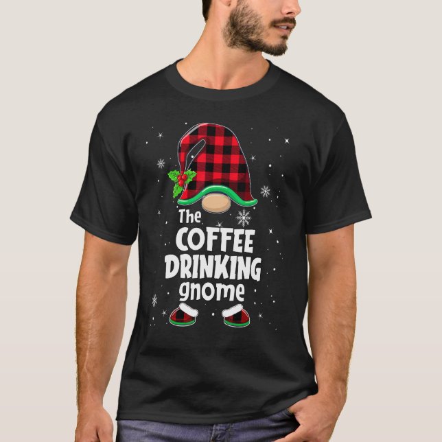 T-shirt The Coffee Drinking Gnome Buffalo Plaid Christmas  (Devant)