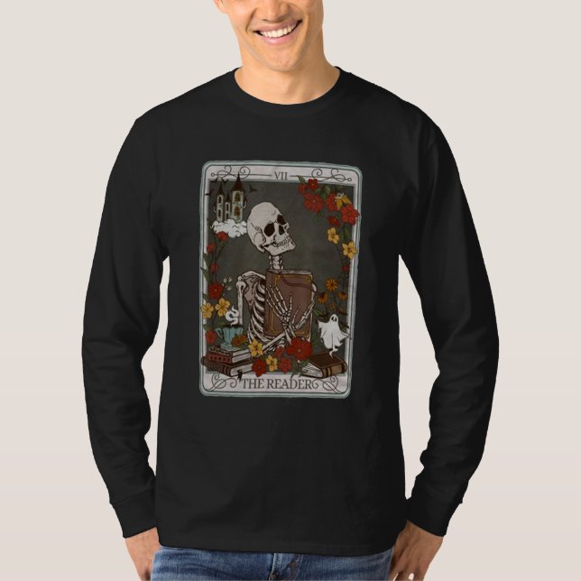 T-shirt The Reader Tarot Card Bookish Skeleton Librarian B (Devant)
