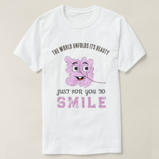 T-shirt "The World Unfolds Its Beauty" Purple Smiling Leaf