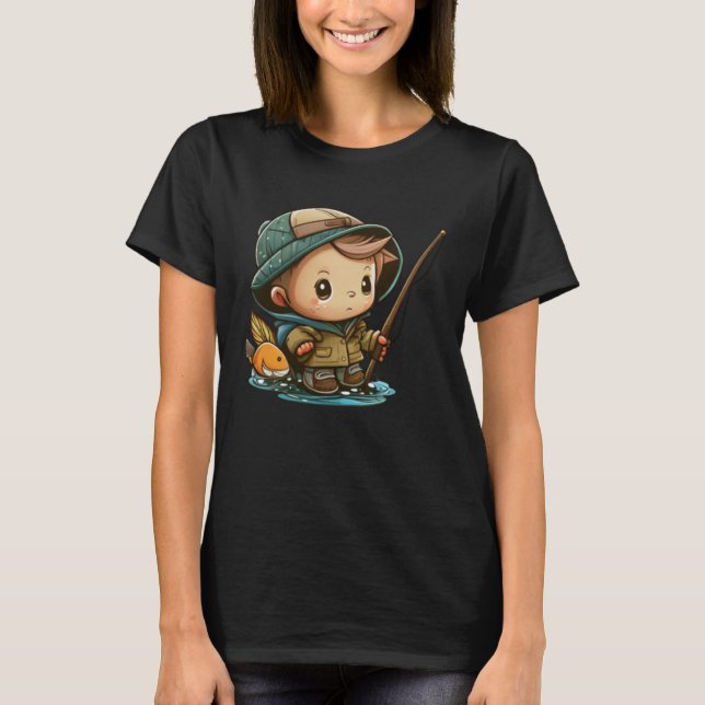 T-shirt The Young Angler Cute Little Boy with Fishing Pole (Devant)
