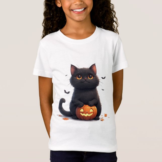 T-Shirt Thème de Halloween Magique avec Chat Noir Mignon � (Devant)