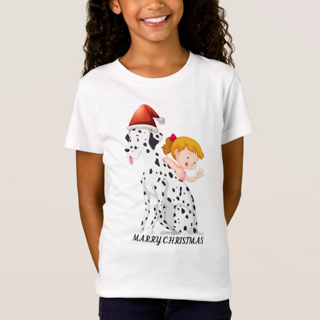 T-Shirt Thème de Noël avec fille et chien. (Devant)
