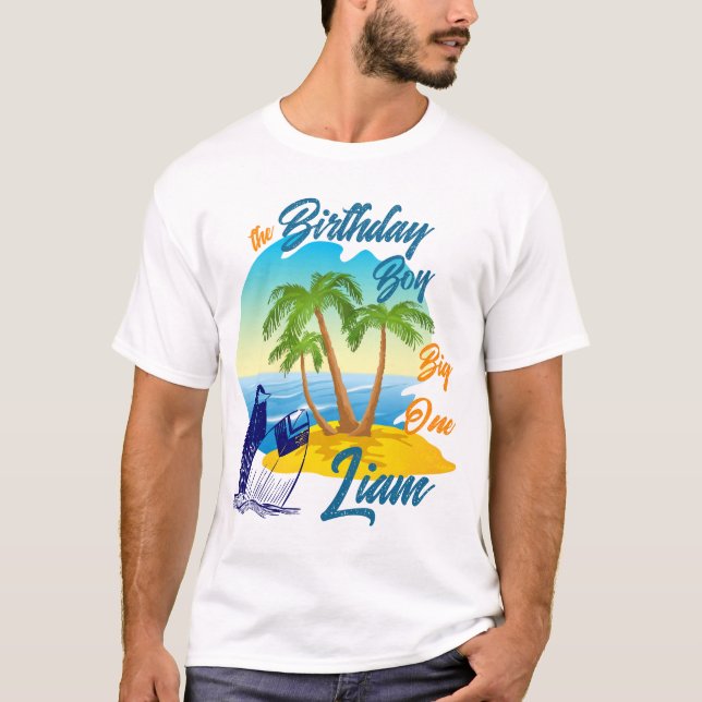 T-shirt Thème de plage pour garçon d'anniversaire avec nom (Devant)