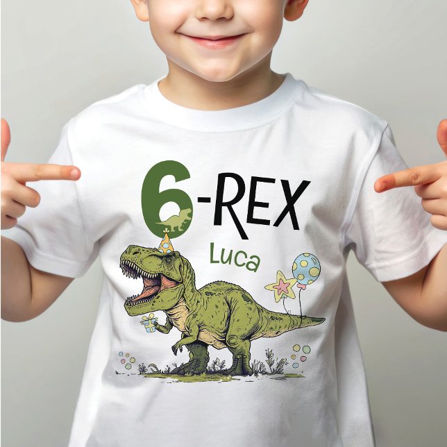 T-shirt Thème dinosaure mignon 6-Rex pour 6ème anniversair (Cute funny Jurassic dinosaur theme green roar T-Rex dino cartoon 6-rex 6th birthday party t-shirt)