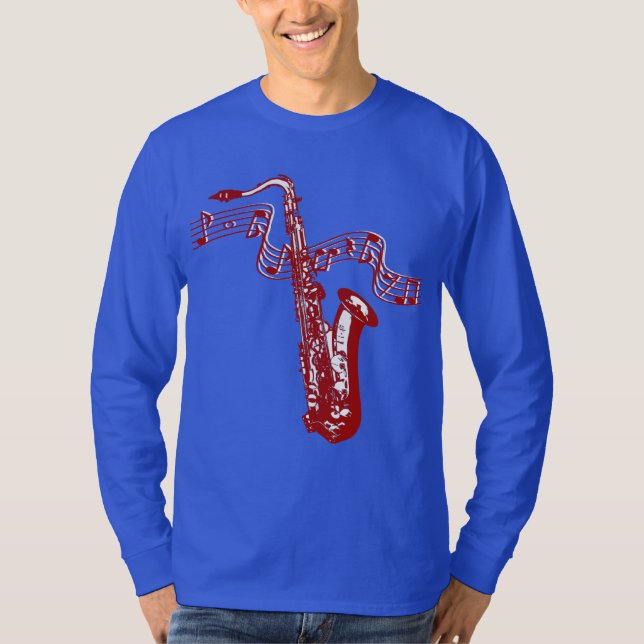 T-shirt Thème musical Saxophone rouge et notes (Devant)