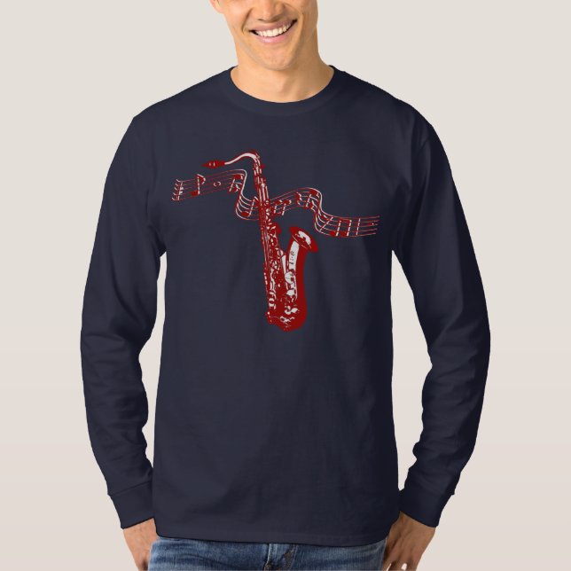 T-shirt Thème musical Saxophone rouge Notes rouges - Chemi (Devant)