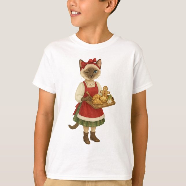 T-shirt Thème Noël de chat dans la boulangerie (Devant)