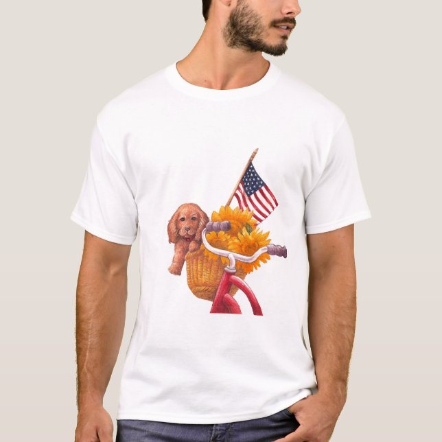 T-shirt Thème patriotique avec Chiot, Drapeau et Tournesol (Devant)