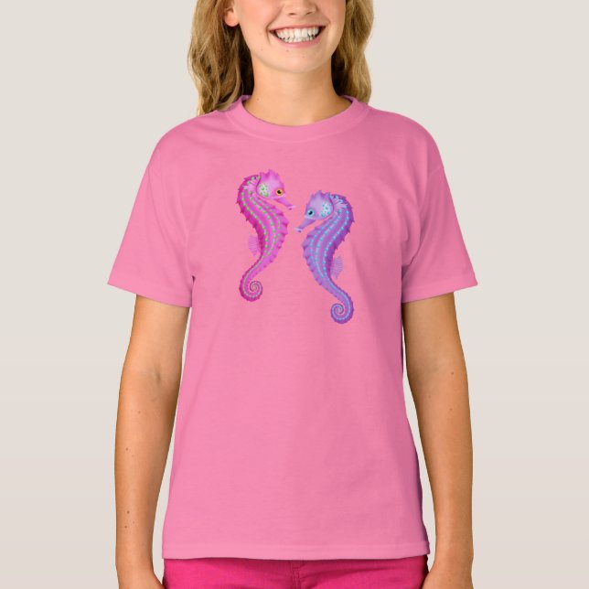 T-shirt Thème Plage Hippocampe rose et violet (Devant)