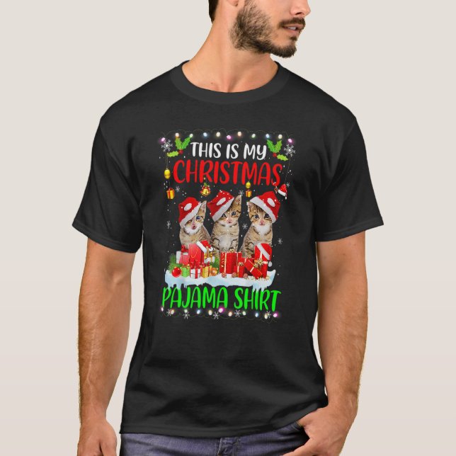 T-shirt This Is My Christmas Pajama   Cat Santa Hat Lights (Devant)