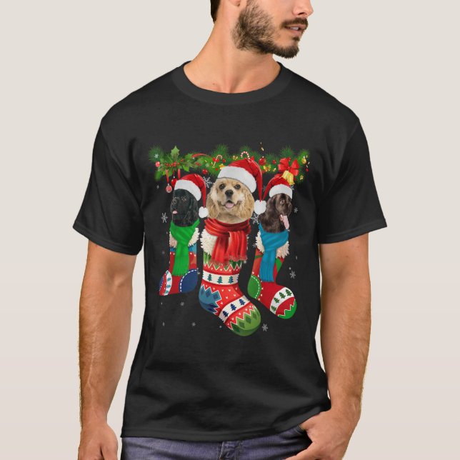 T-shirt Three American Er Spaniels In Christmas Socks  (Devant)