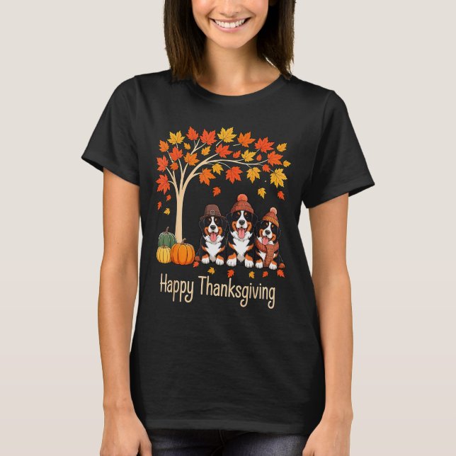 T-shirt Three Bernese Mountain Dogs Fall Tree Happy Thanks (Devant)