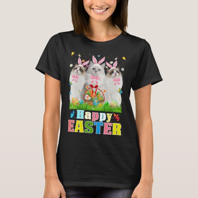 T-shirt Three Bunny Ragdoll Cats & Easter Egg Basket Easte (Devant)
